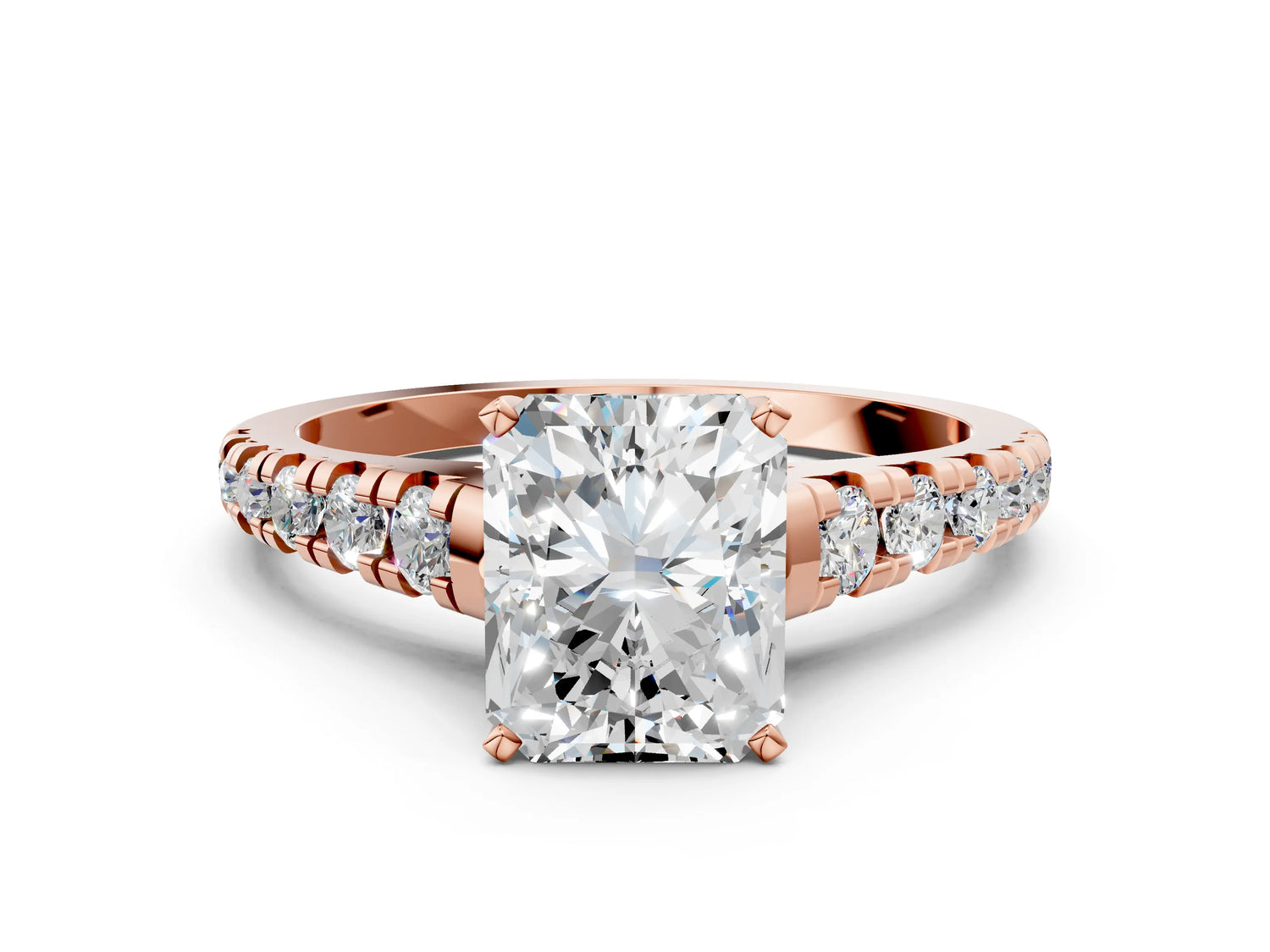 Radiant Cut Diamond Vintage Scroll Solitaire Ring in Rose gold with Graduated Round Side Stones_24