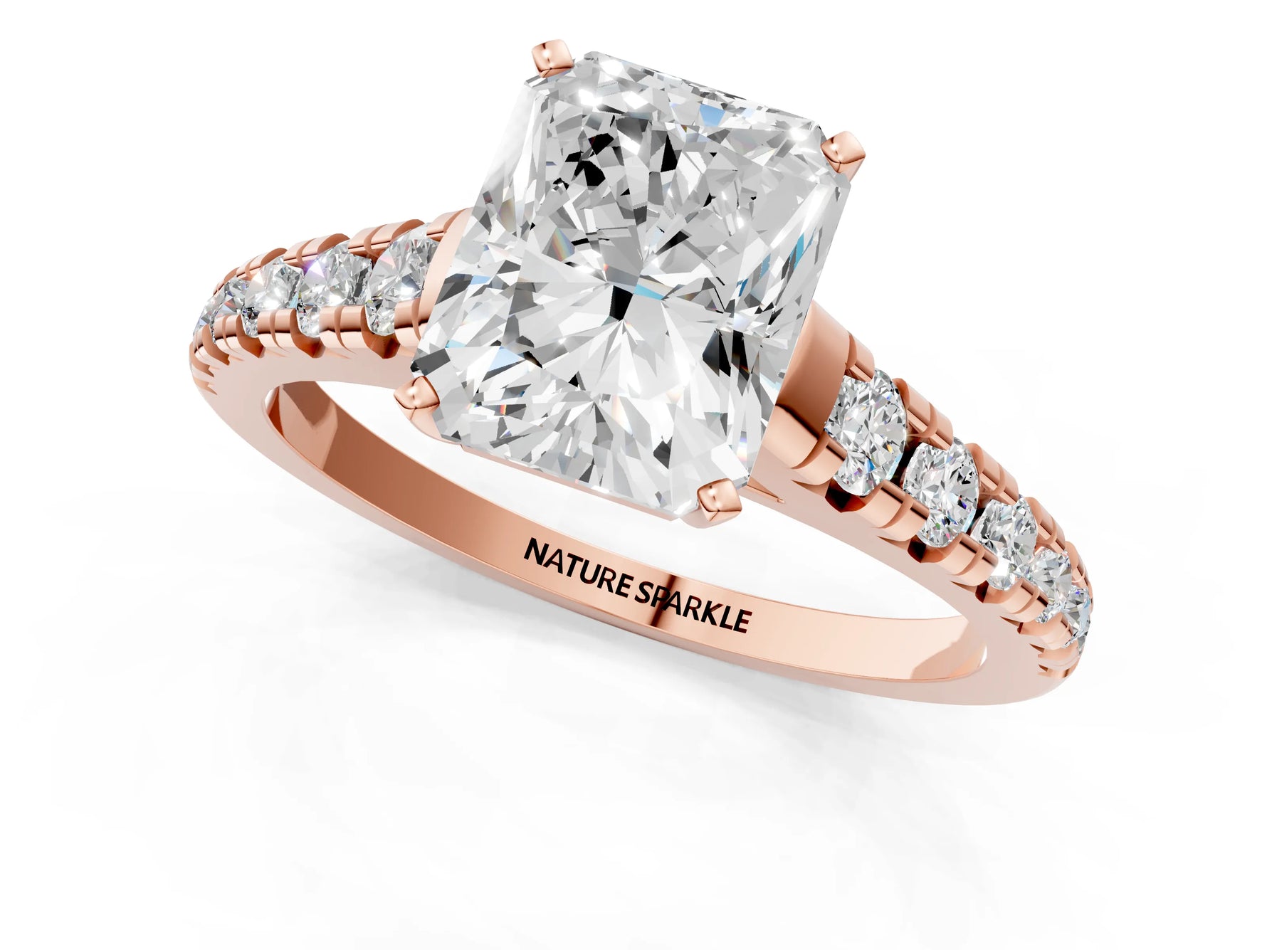 Radiant Cut Diamond Vintage Scroll Solitaire Ring in Rose gold with Graduated Round Side Stones_25