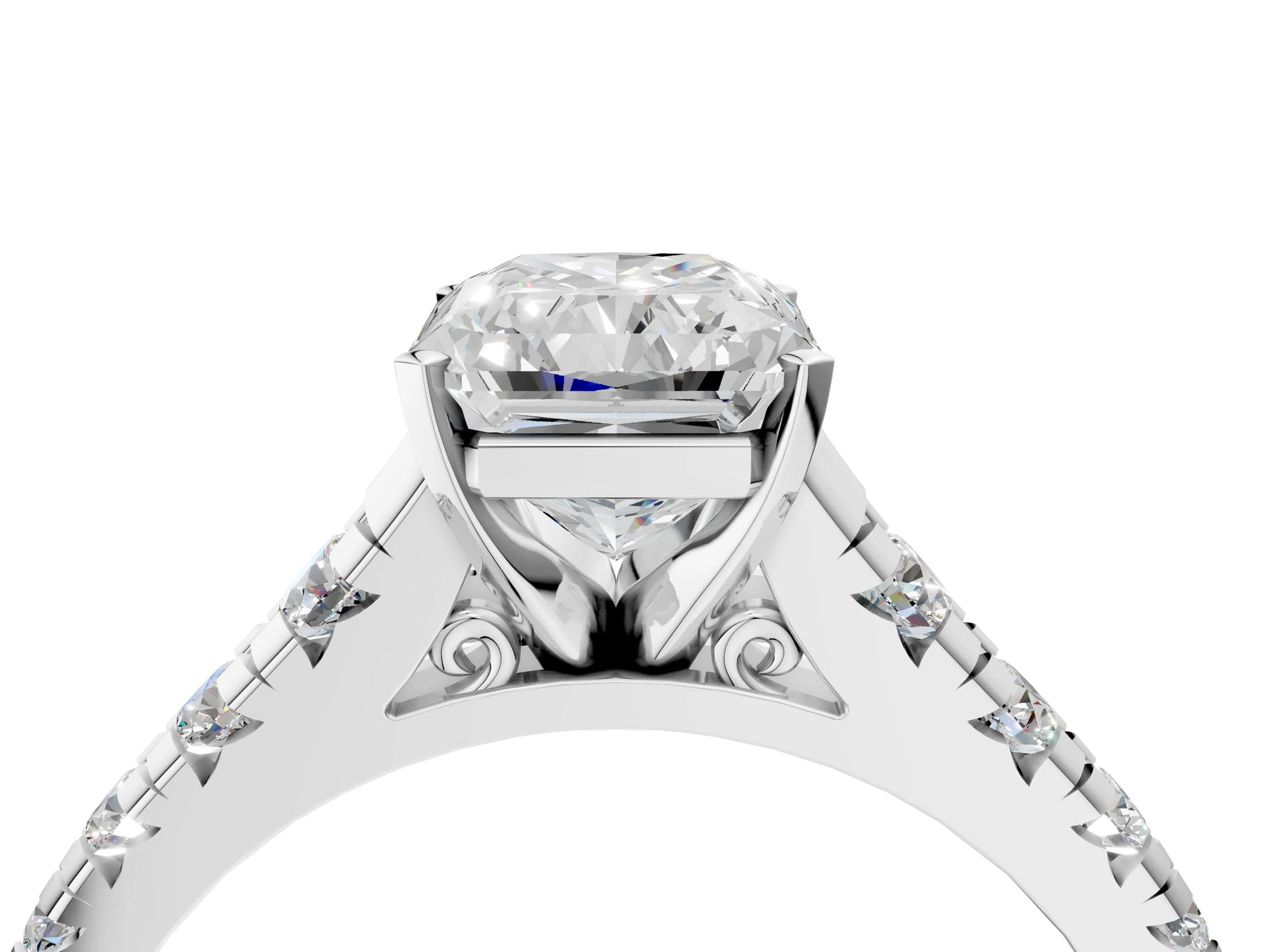 Radiant Cut Diamond Vintage Scroll Solitaire Ring in White gold with Graduated Round Side Stones_10