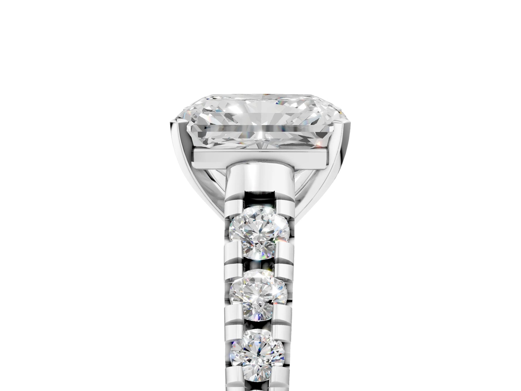 Radiant Cut Diamond Vintage Scroll Solitaire Ring in White gold with Graduated Round Side Stones_11