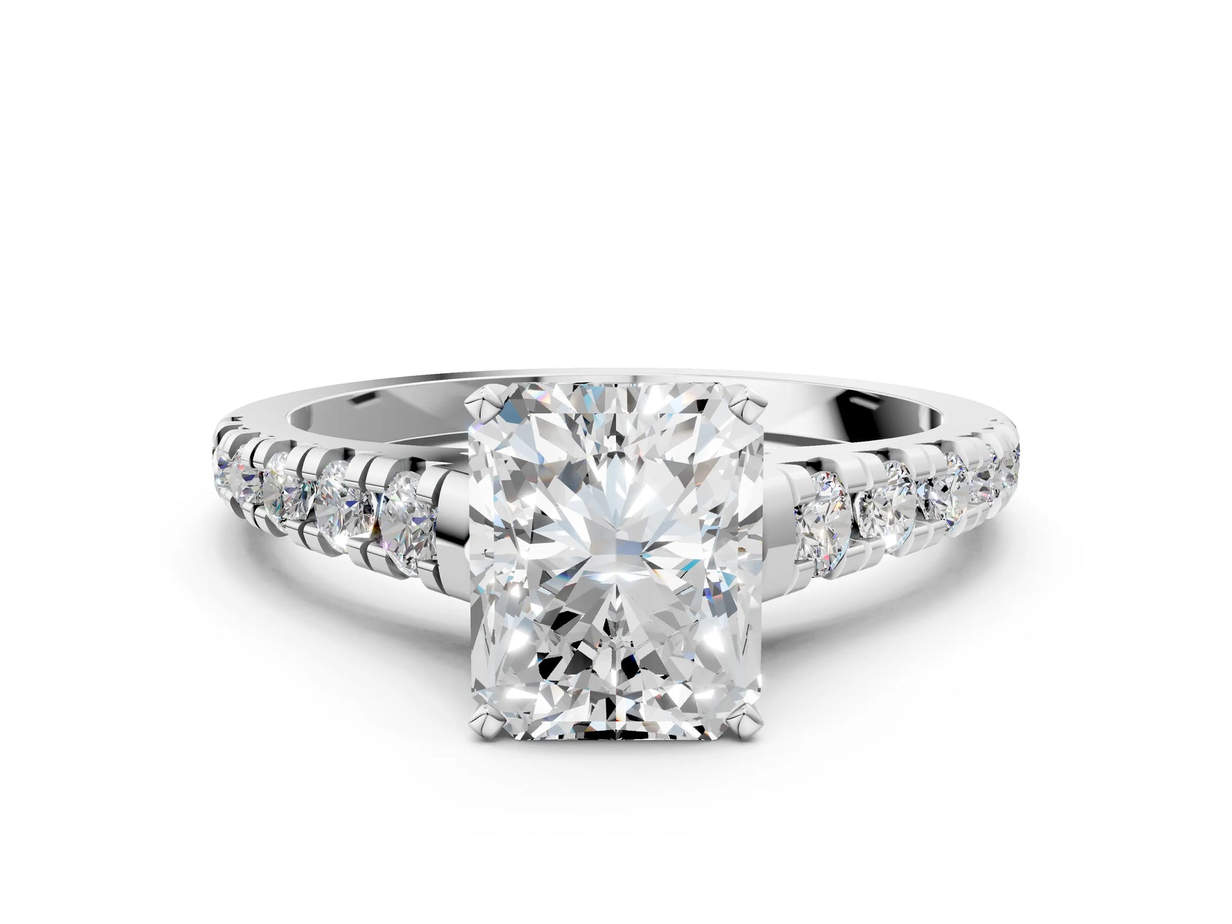 Radiant Cut Diamond Vintage Scroll Solitaire Ring in White gold with Graduated Round Side Stones_18
