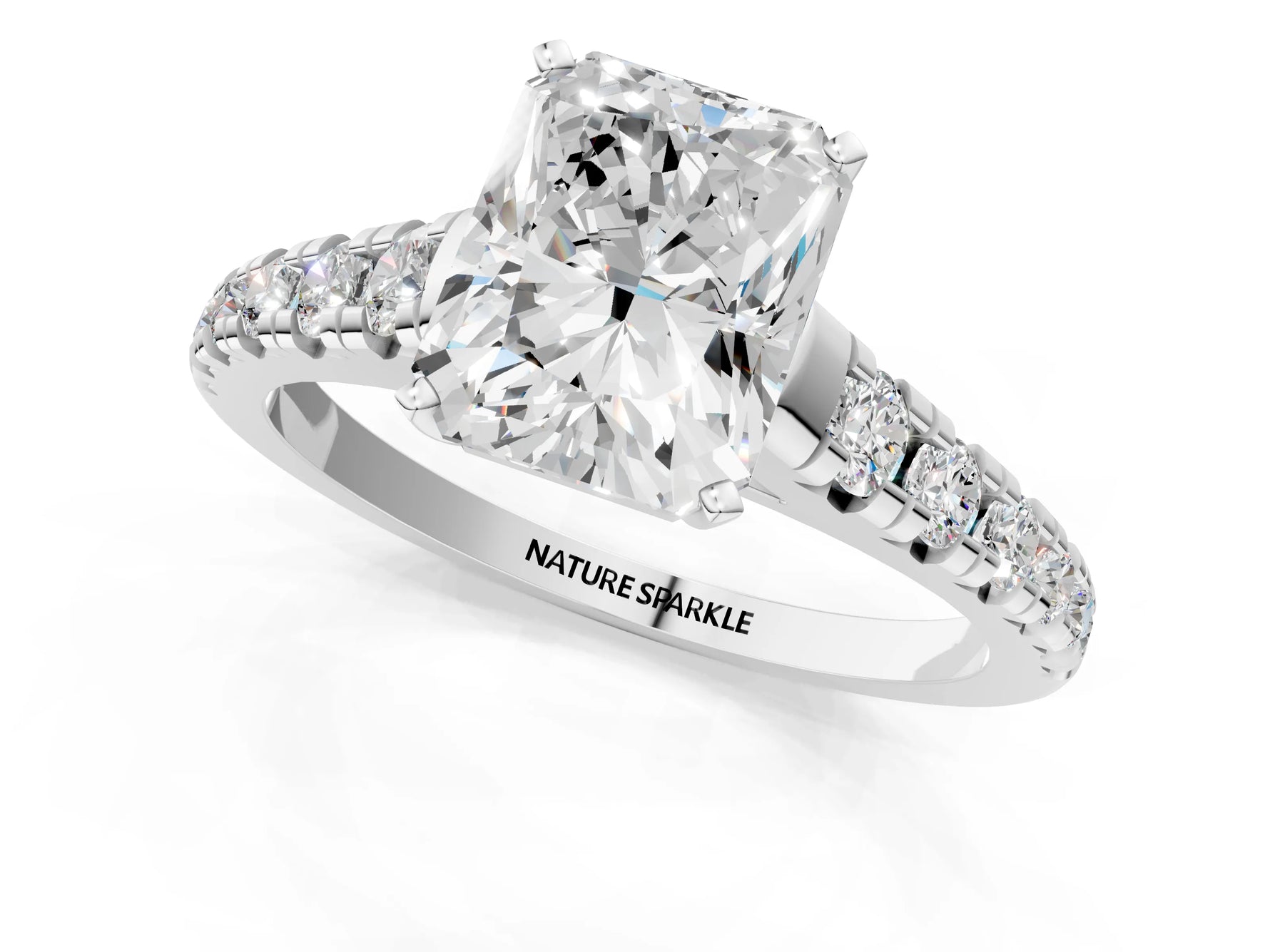 Radiant Cut Diamond Vintage Scroll Solitaire Ring in White gold with Graduated Round Side Stones_19