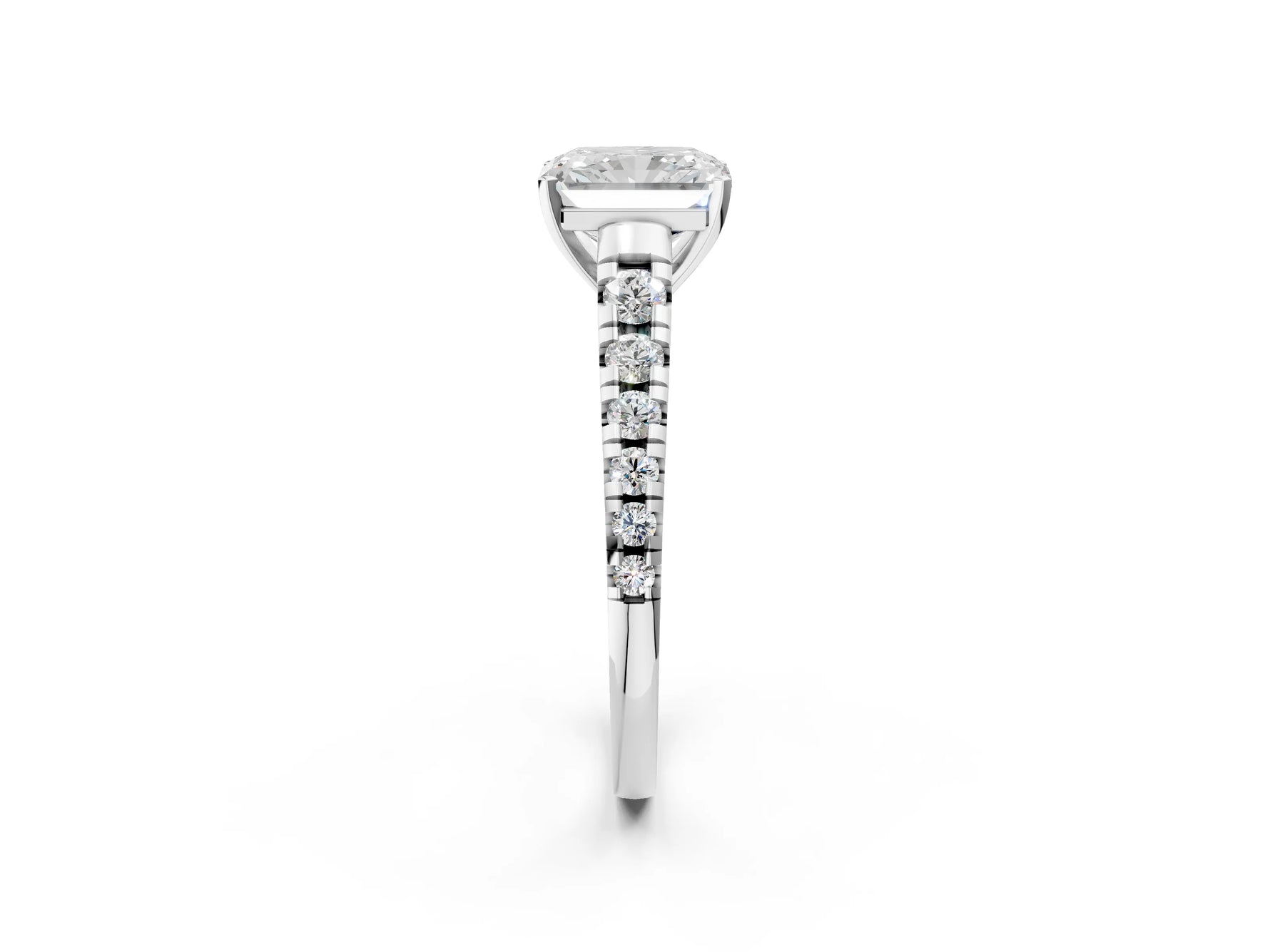 Radiant Cut Diamond Vintage Scroll Solitaire Ring in White gold with Graduated Round Side Stones_20