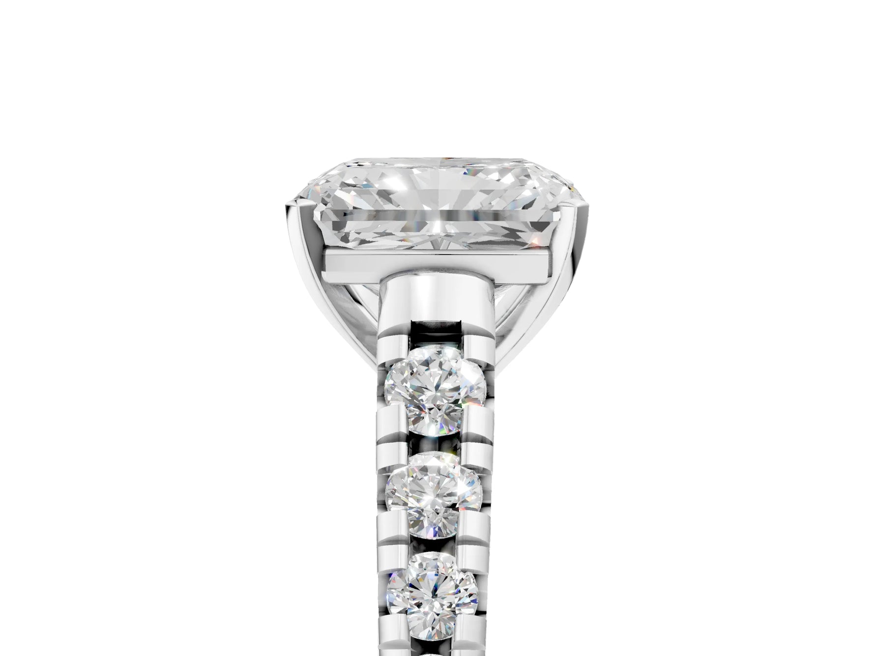 Radiant Cut Diamond Vintage Scroll Solitaire Ring in White gold with Graduated Round Side Stones_23