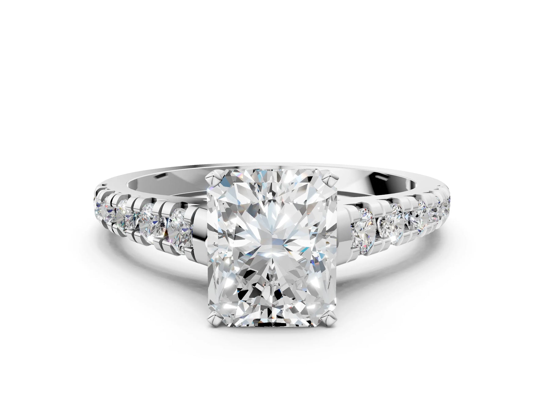 Radiant Cut Diamond Vintage Scroll Solitaire Ring in White gold with Graduated Round Side Stones_6
