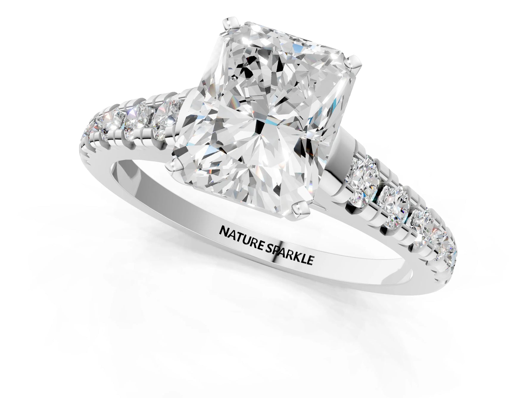 Radiant Cut Diamond Vintage Scroll Solitaire Ring in White gold with Graduated Round Side Stones_7