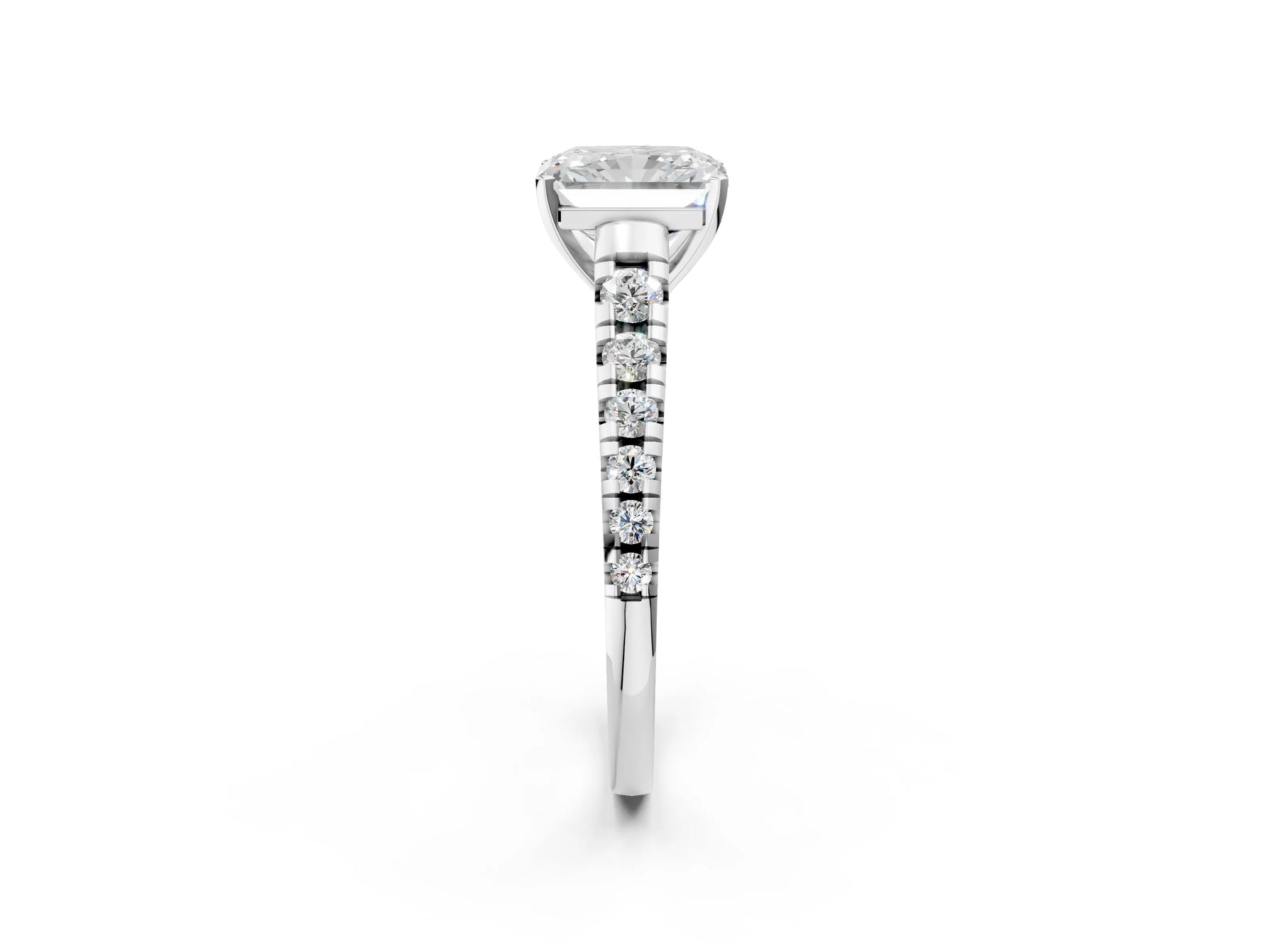 Radiant Cut Diamond Vintage Scroll Solitaire Ring in White gold with Graduated Round Side Stones_8