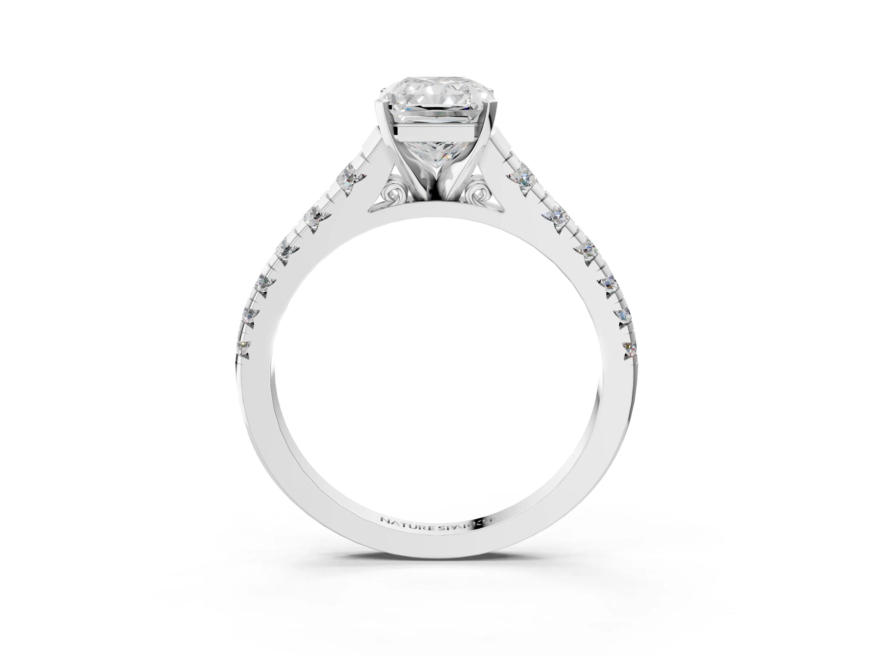 Radiant Cut Diamond Vintage Scroll Solitaire Ring in White gold with Graduated Round Side Stones_9