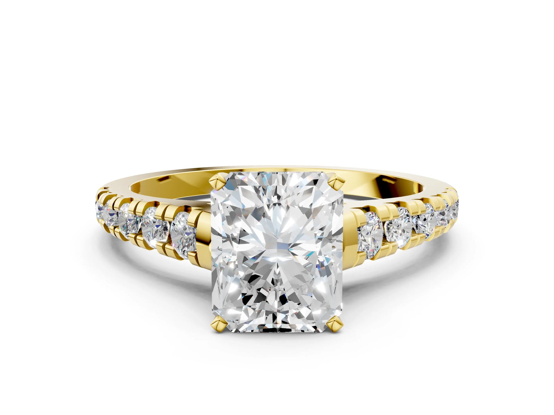 Radiant Cut Diamond Vintage Scroll Solitaire Ring in Yellow gold with Graduated Round Side Stones_12