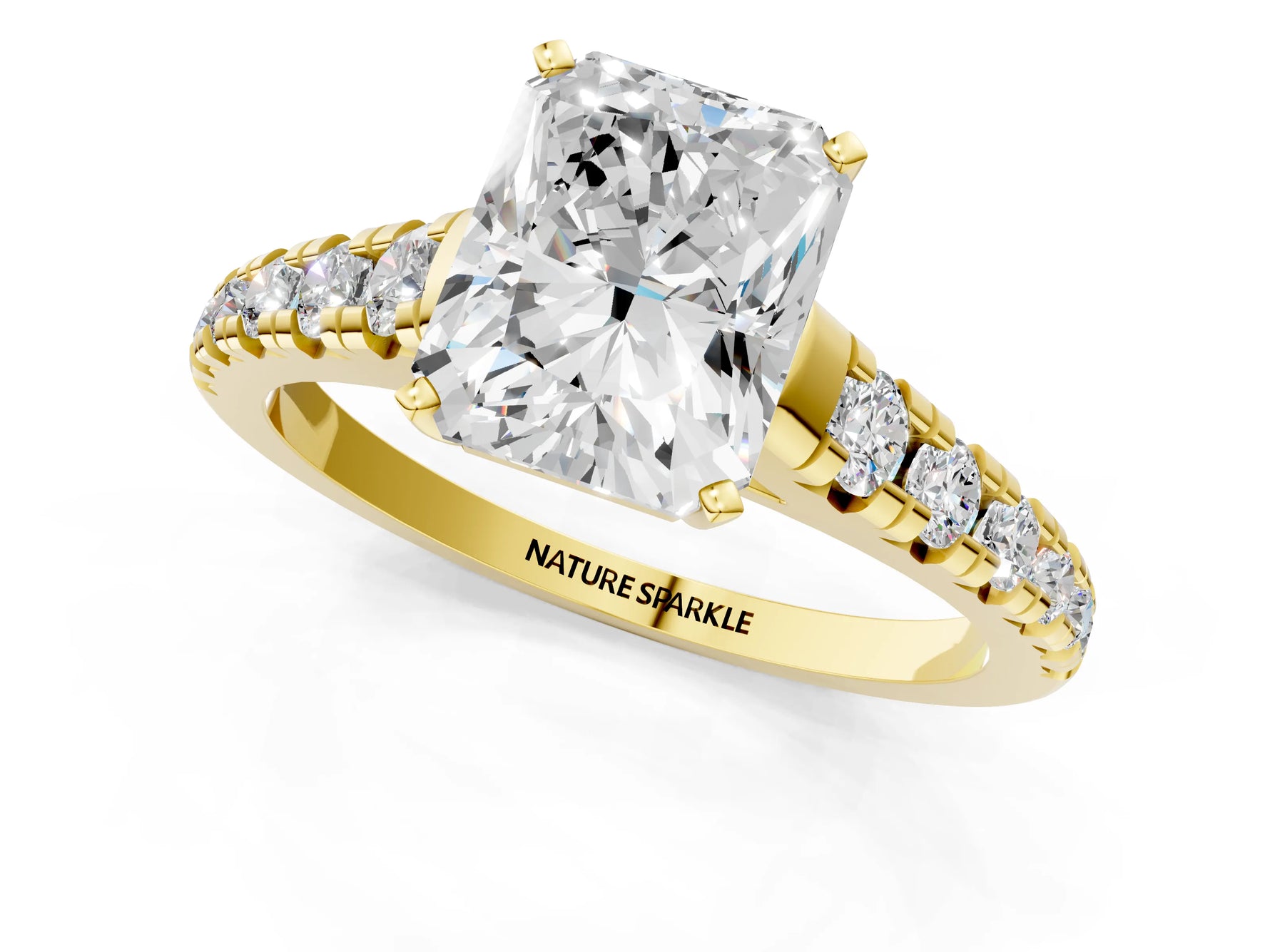 Radiant Cut Diamond Vintage Scroll Solitaire Ring in Yellow gold with Graduated Round Side Stones_13