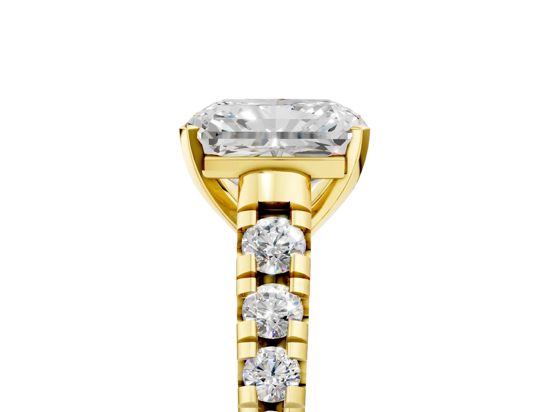 Radiant Cut Diamond Vintage Scroll Solitaire Ring in Yellow gold with Graduated Round Side Stones_17