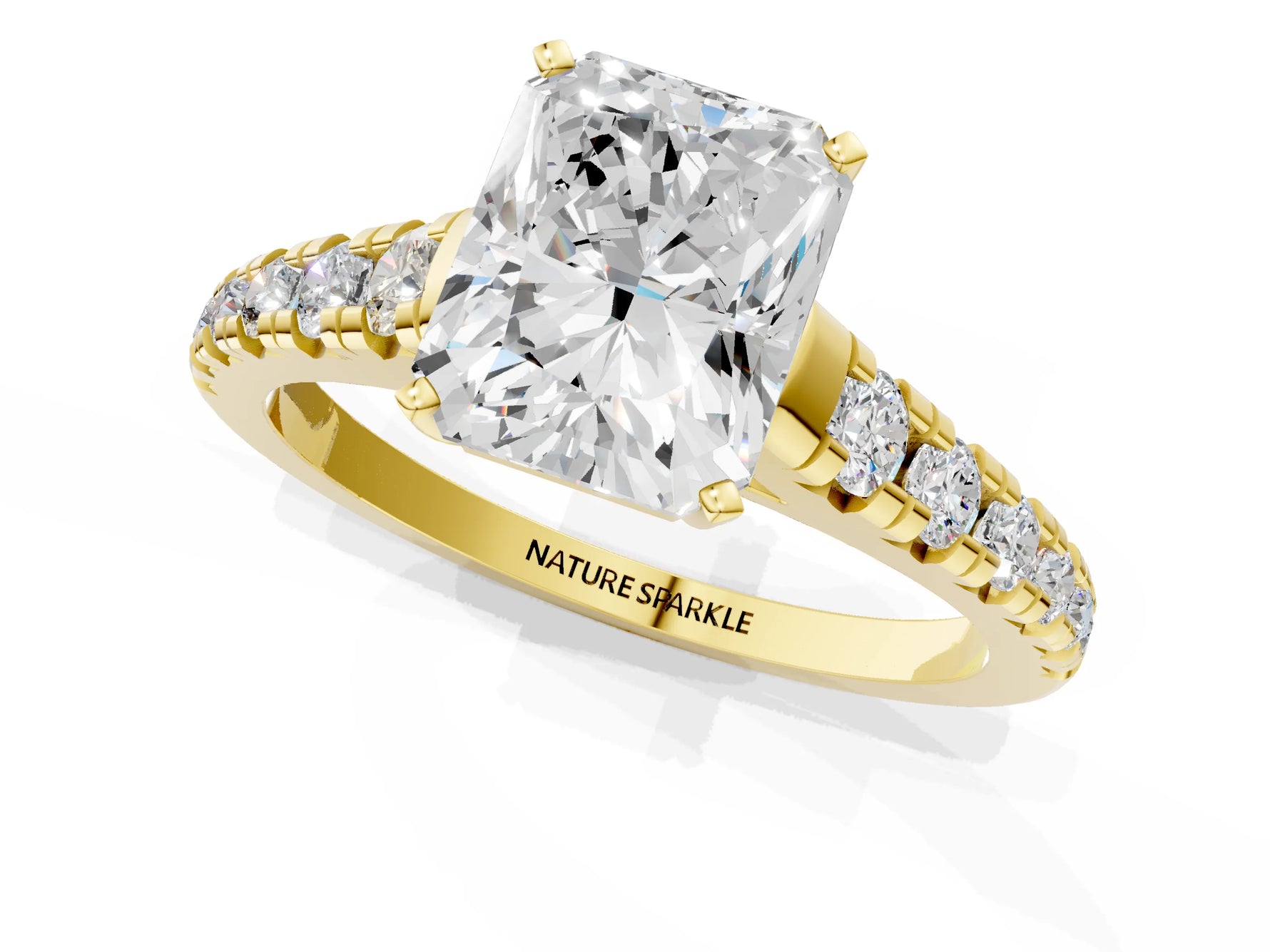 Radiant Cut Diamond Vintage Scroll Solitaire Ring in Yellow gold with Graduated Round Side Stones_25