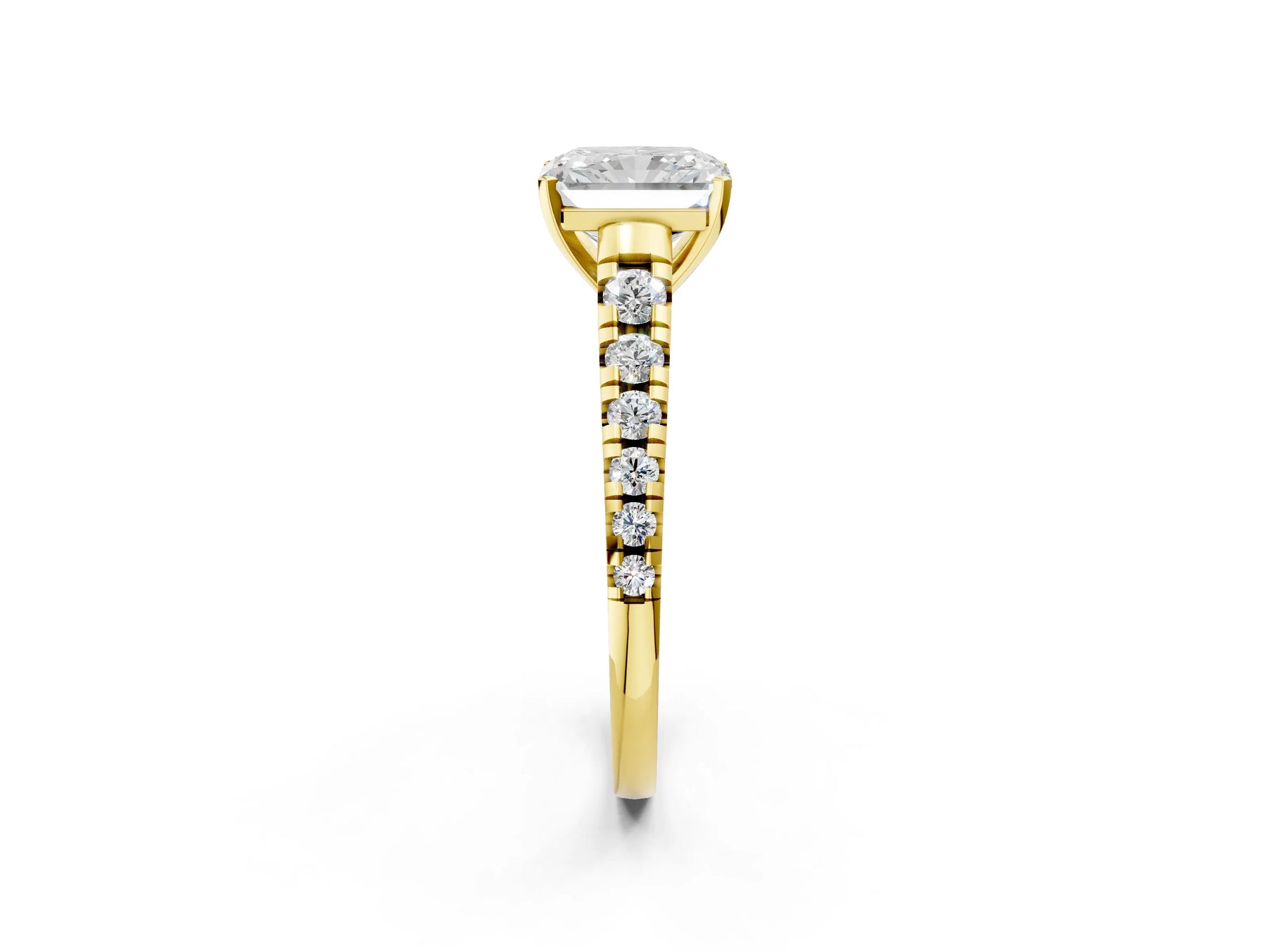 Radiant Cut Diamond Vintage Scroll Solitaire Ring in Yellow gold with Graduated Round Side Stones_26
