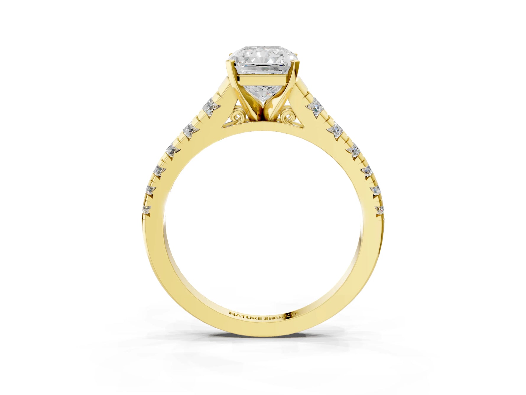 Radiant Cut Diamond Vintage Scroll Solitaire Ring in Yellow gold with Graduated Round Side Stones_27