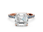 Rose gold Asscher Cut Diamond Solitaire Ring with Round Aquamarine Pavé Band and Prong Setting
