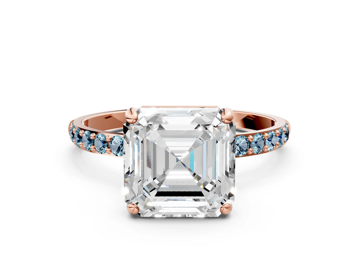 Rose gold Asscher Cut Diamond Solitaire Ring with Round Aquamarine Pavé Band and Prong Setting