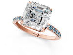Rose gold Asscher Cut Diamond Solitaire Ring with Round Aquamarine Pavé Band and Prong Setting_1