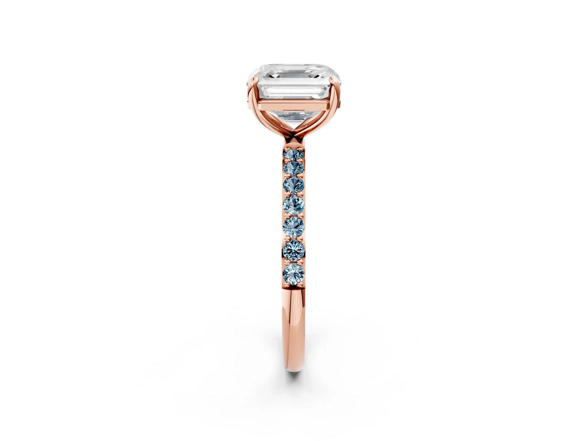 Rose gold Asscher Cut Diamond Solitaire Ring with Round Aquamarine Pavé Band and Prong Setting_2