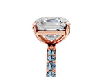 Rose gold Asscher Cut Diamond Solitaire Ring with Round Aquamarine Pavé Band and Prong Setting_5