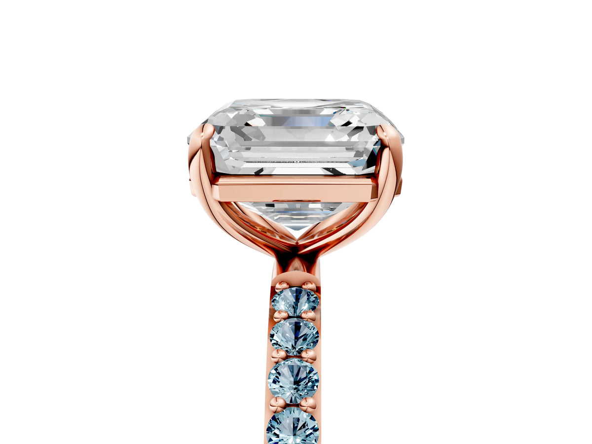 Rose gold Asscher Cut Diamond Solitaire Ring with Round Aquamarine Pavé Band and Prong Setting_5