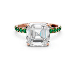 Rose gold Asscher Cut Diamond Solitaire Ring with Round Emerald Pavé Band and Prong Setting