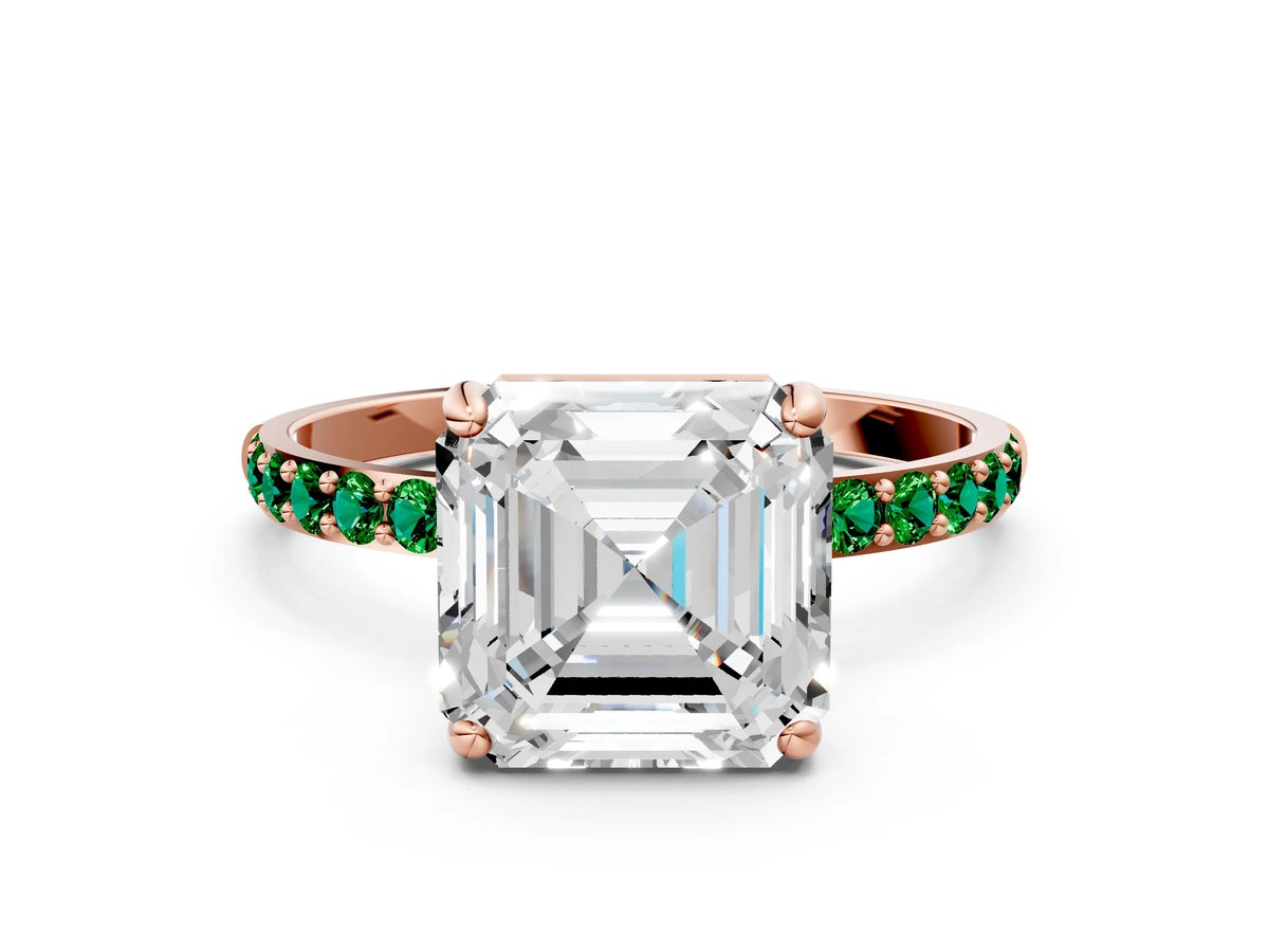 Rose gold Asscher Cut Diamond Solitaire Ring with Round Emerald Pavé Band and Prong Setting