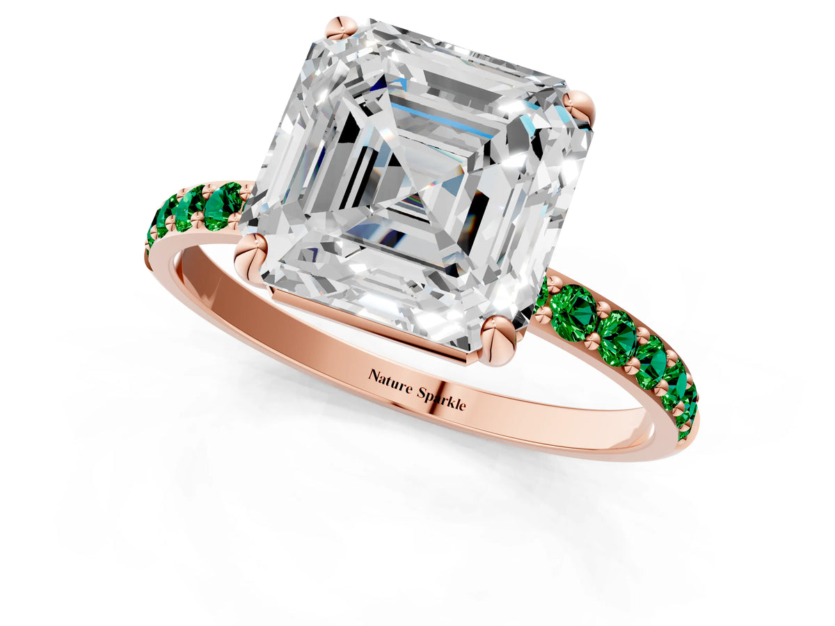 Rose gold Asscher Cut Diamond Solitaire Ring with Round Emerald Pavé Band and Prong Setting_1