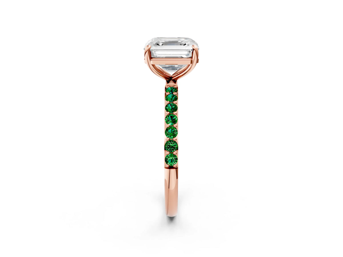Rose gold Asscher Cut Diamond Solitaire Ring with Round Emerald Pavé Band and Prong Setting_2