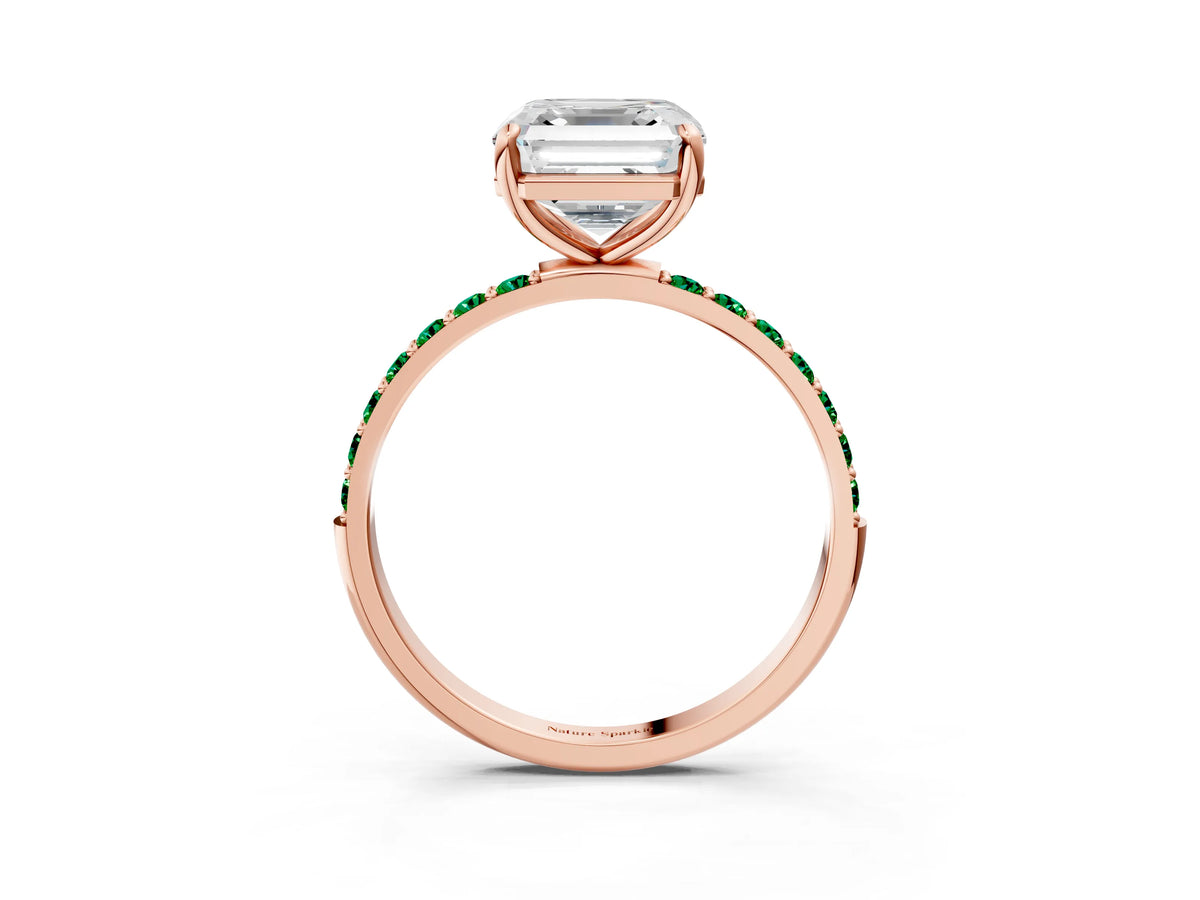 Rose gold Asscher Cut Diamond Solitaire Ring with Round Emerald Pavé Band and Prong Setting_3