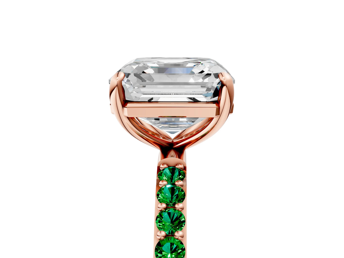 Rose gold Asscher Cut Diamond Solitaire Ring with Round Emerald Pavé Band and Prong Setting_5