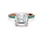 Rose gold Asscher Cut Diamond Solitaire Ring with Round Green Sapphire Pavé Band and Prong Setting