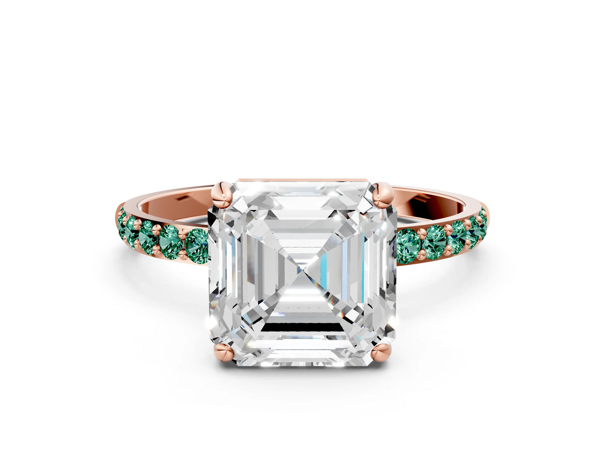 Rose gold Asscher Cut Diamond Solitaire Ring with Round Green Sapphire Pavé Band and Prong Setting