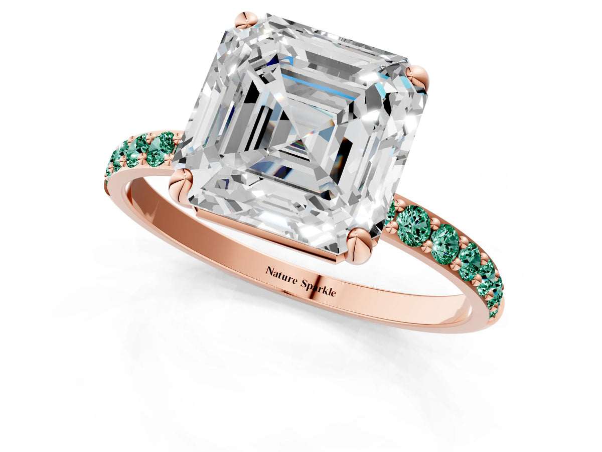 Rose gold Asscher Cut Diamond Solitaire Ring with Round Green Sapphire Pavé Band and Prong Setting_1