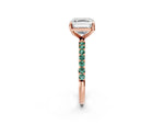 Rose gold Asscher Cut Diamond Solitaire Ring with Round Green Sapphire Pavé Band and Prong Setting_2