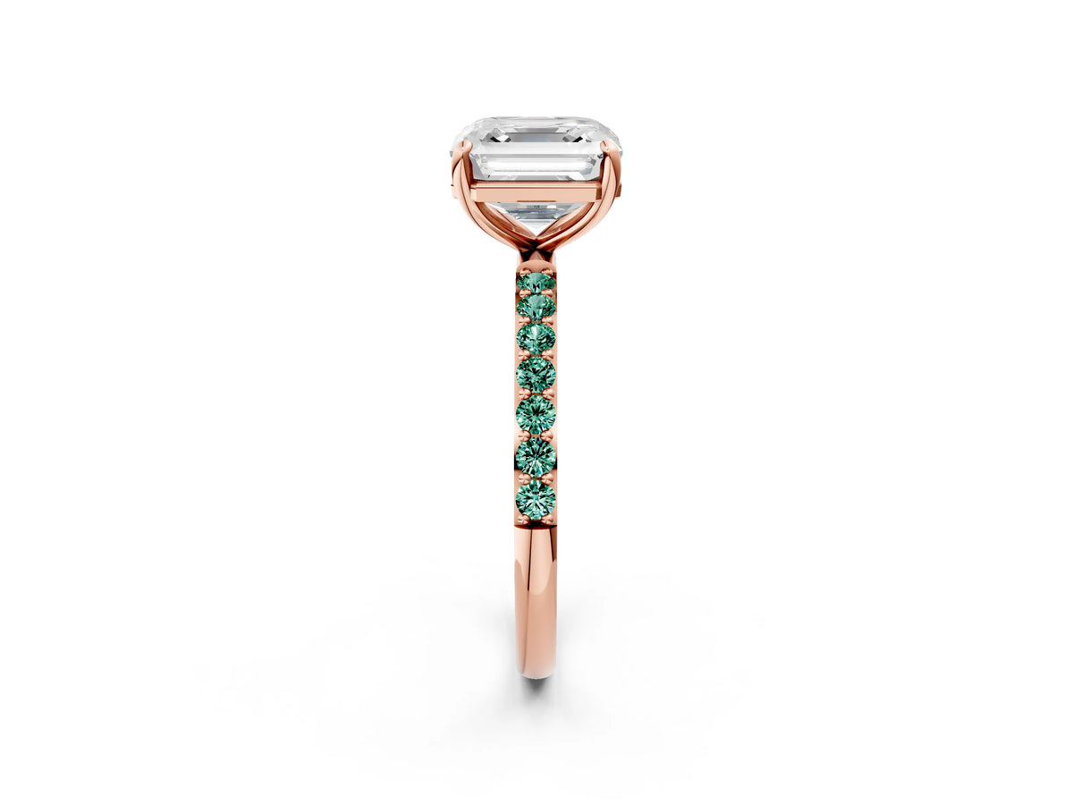 Rose gold Asscher Cut Diamond Solitaire Ring with Round Green Sapphire Pavé Band and Prong Setting_2