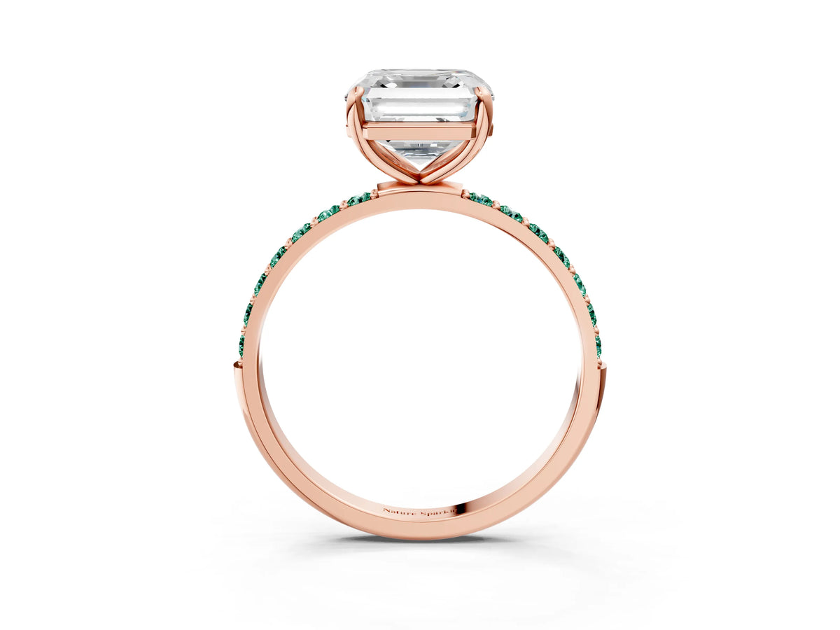 Rose gold Asscher Cut Diamond Solitaire Ring with Round Green Sapphire Pavé Band and Prong Setting_3