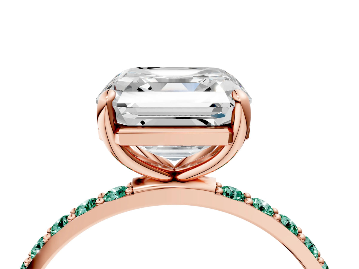 Rose gold Asscher Cut Diamond Solitaire Ring with Round Green Sapphire Pavé Band and Prong Setting_4