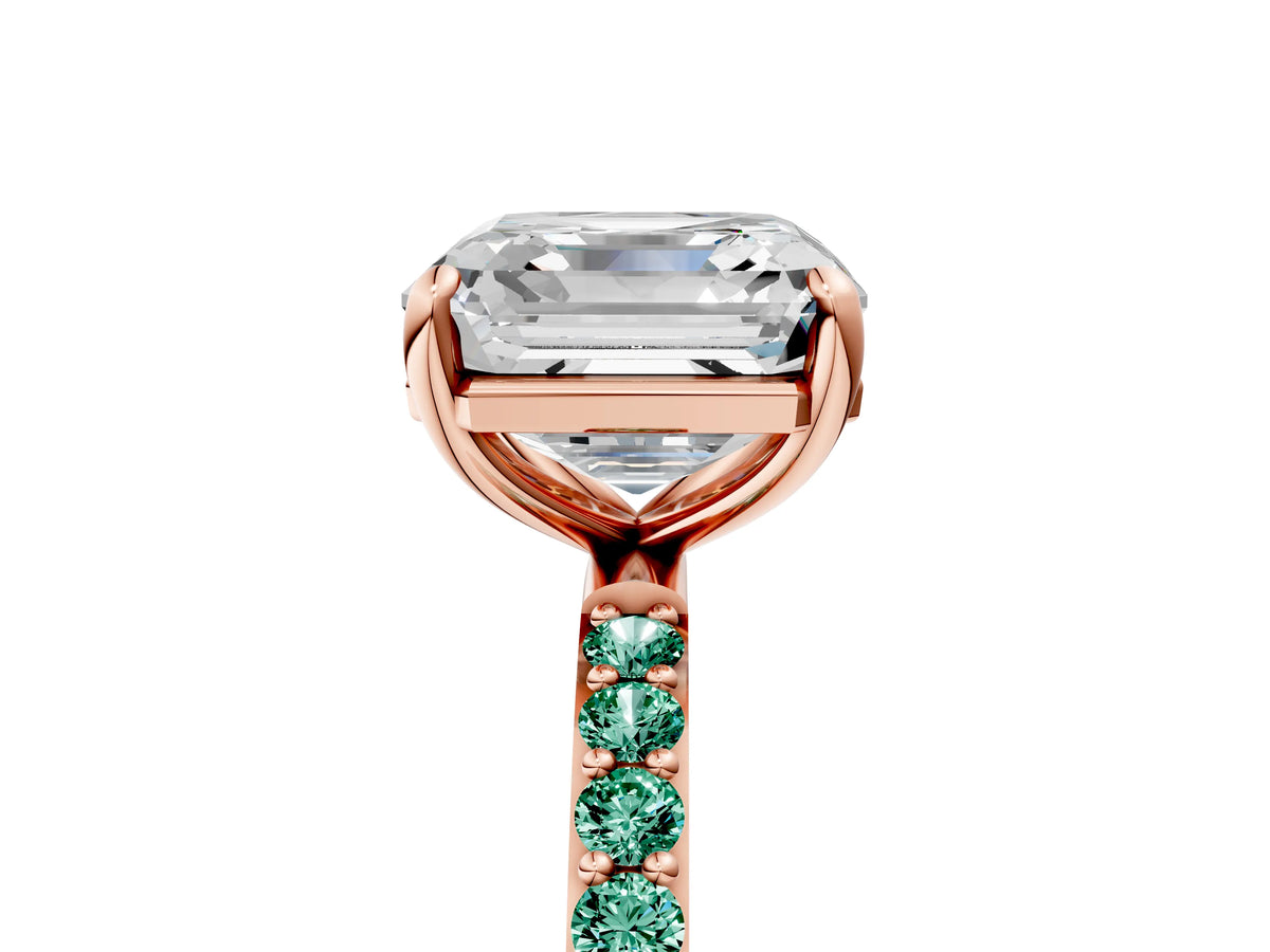 Rose gold Asscher Cut Diamond Solitaire Ring with Round Green Sapphire Pavé Band and Prong Setting_5