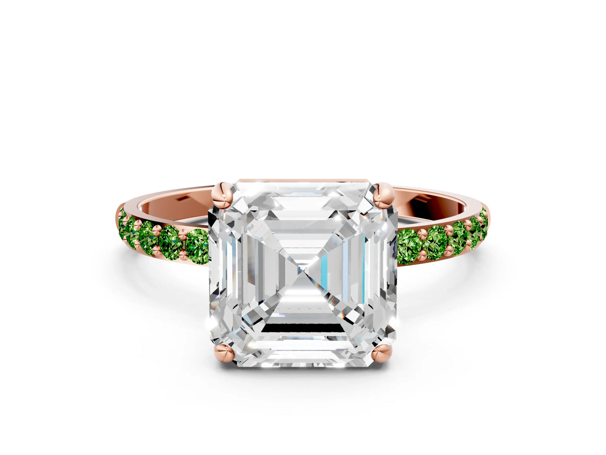 Rose gold Asscher Cut Diamond Solitaire Ring with Round Peridot Pavé Band and Prong Setting
