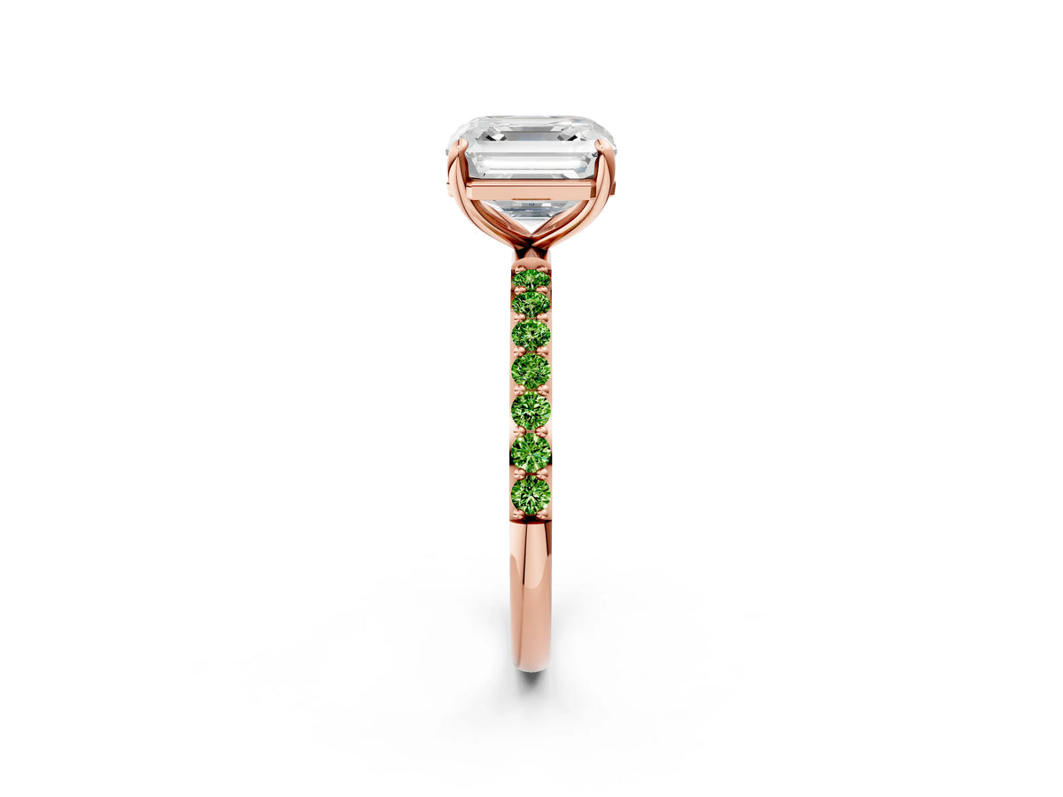 Rose gold Asscher Cut Diamond Solitaire Ring with Round Peridot Pavé Band and Prong Setting_2