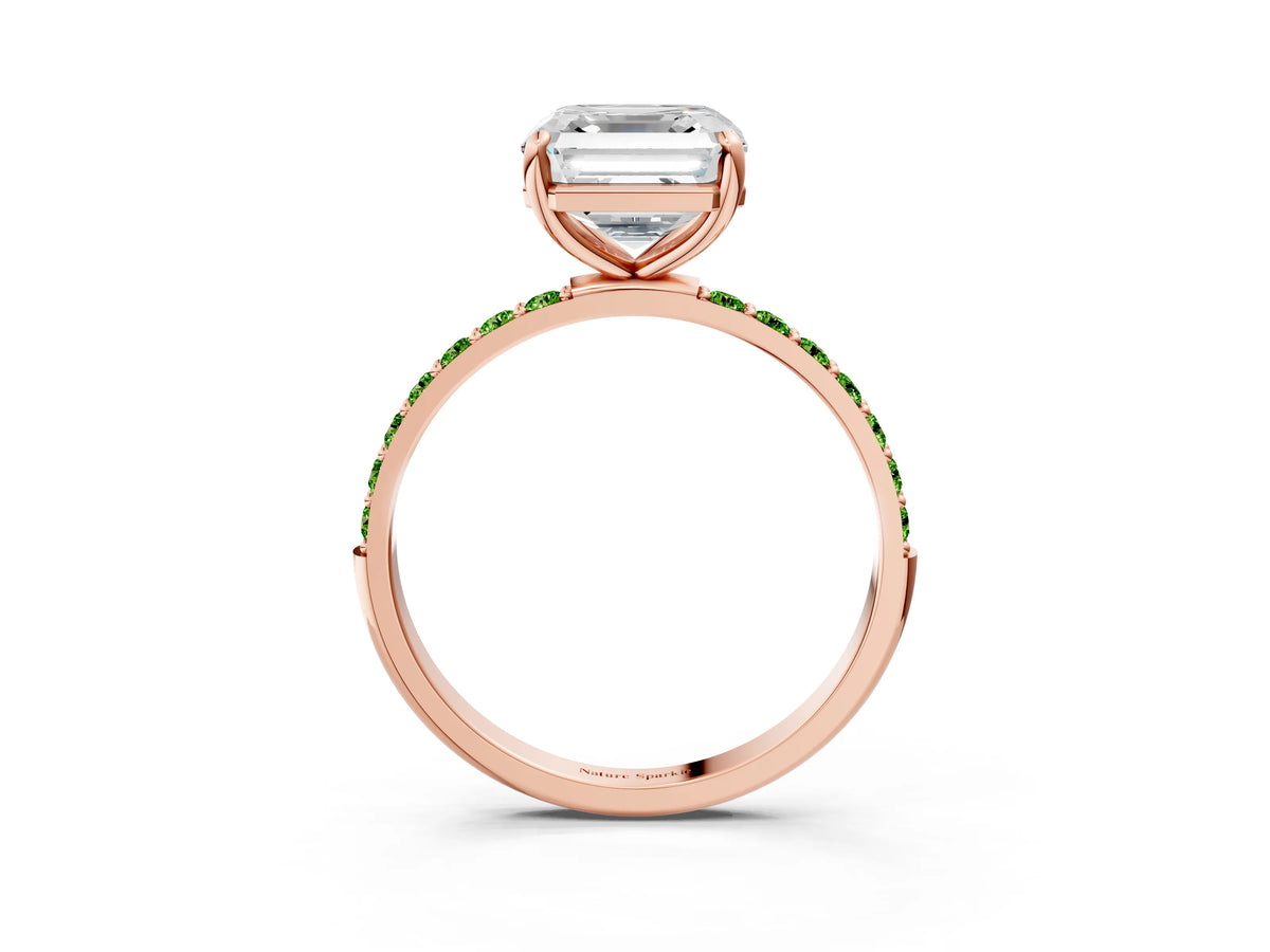 Rose gold Asscher Cut Diamond Solitaire Ring with Round Peridot Pavé Band and Prong Setting_3