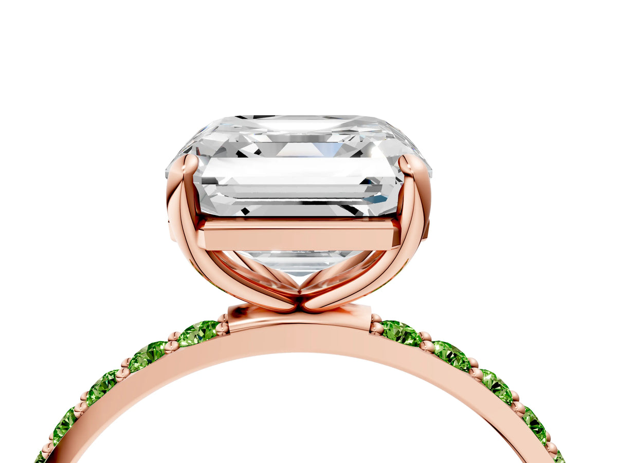 Rose gold Asscher Cut Diamond Solitaire Ring with Round Peridot Pavé Band and Prong Setting_4