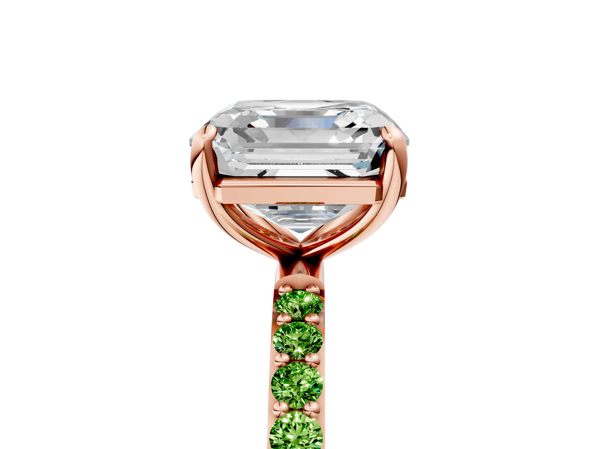 Rose gold Asscher Cut Diamond Solitaire Ring with Round Peridot Pavé Band and Prong Setting_5