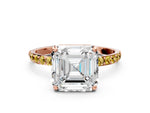 Rose gold Asscher Cut Diamond Solitaire Ring with Round Yellow Sapphire Pavé Band and Prong Setting