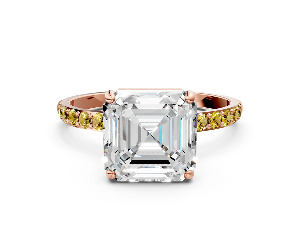 Rose gold Asscher Cut Diamond Solitaire Ring with Round Yellow Sapphire Pavé Band and Prong Setting
