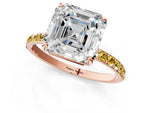 Rose gold Asscher Cut Diamond Solitaire Ring with Round Yellow Sapphire Pavé Band and Prong Setting_1