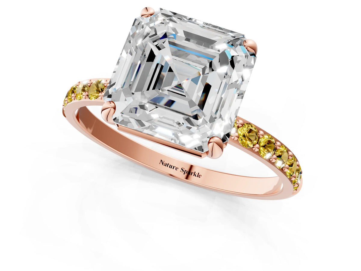 Rose gold Asscher Cut Diamond Solitaire Ring with Round Yellow Sapphire Pavé Band and Prong Setting_1