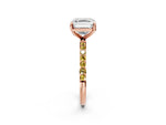 Rose gold Asscher Cut Diamond Solitaire Ring with Round Yellow Sapphire Pavé Band and Prong Setting_2