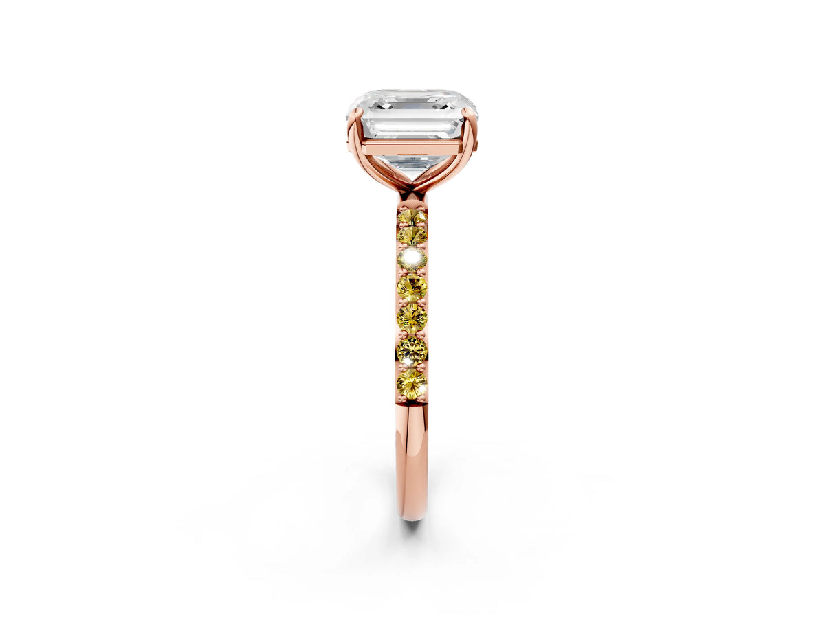 Rose gold Asscher Cut Diamond Solitaire Ring with Round Yellow Sapphire Pavé Band and Prong Setting_2
