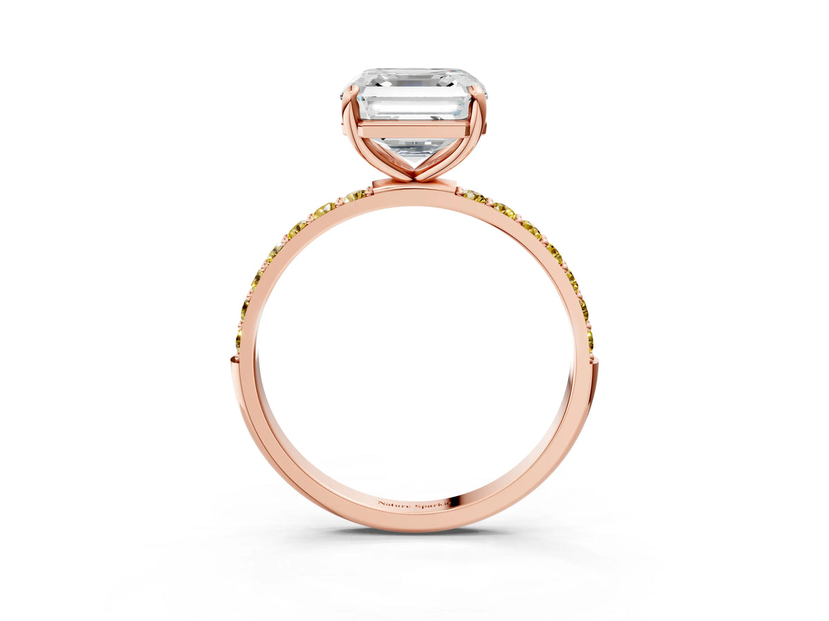 Rose gold Asscher Cut Diamond Solitaire Ring with Round Yellow Sapphire Pavé Band and Prong Setting_3